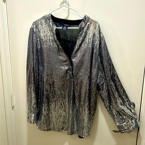 Disco baby!! Silver long sleeve, button-down sequins shirt